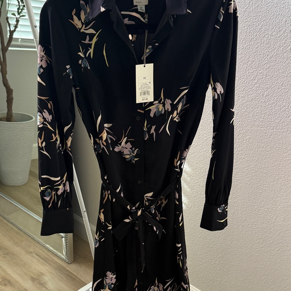 a new day Black Floral Button-Front Long Sleeve Shirt Dress